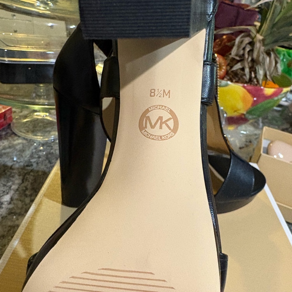 Michael Kors Black Leather Heels with Gold Zipper - Picture 3 of 4